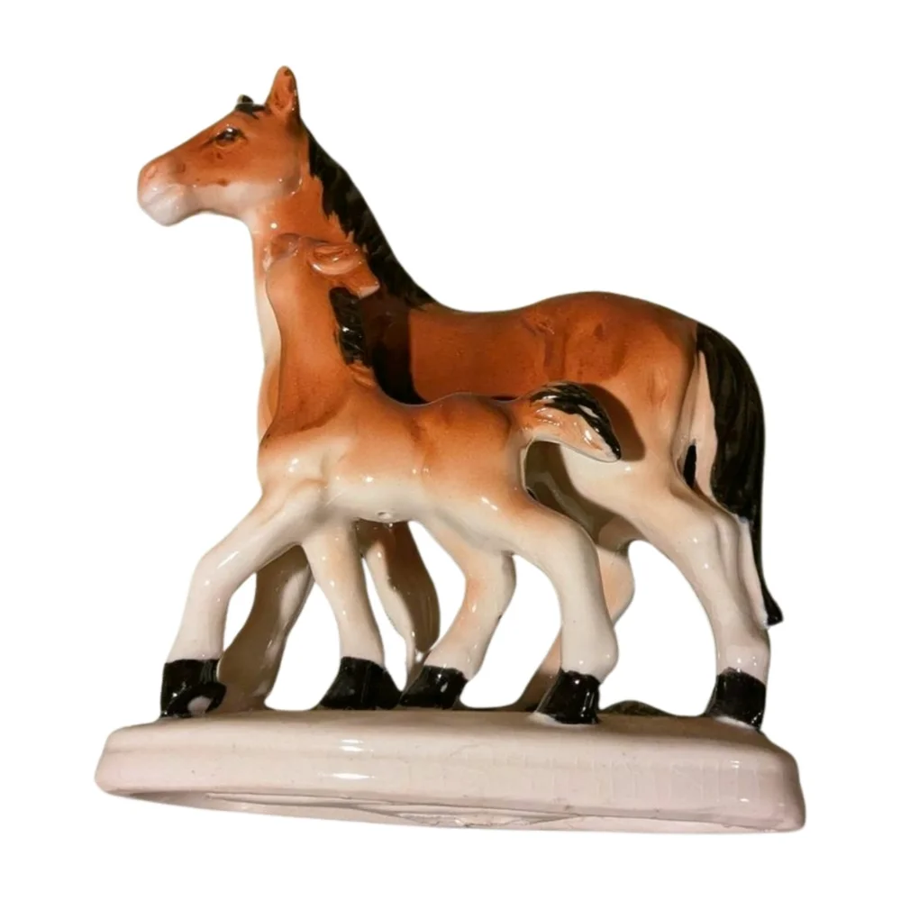 Vintage Horse Figurine Mare And Foal Ceramic Base 7” X 6”